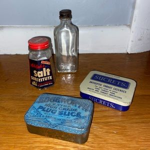 Vintage Collectables (two tins, one salt shaker, one glass bottle)